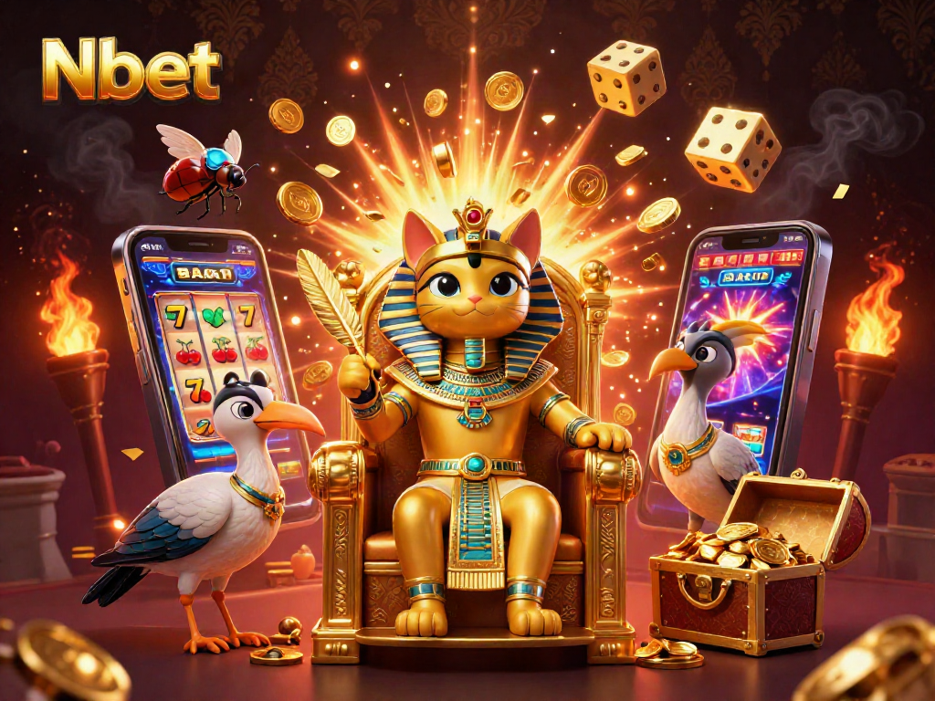 Nbet showcases a vibrant Egyptian-themed casino scene with a pharaoh cat and slot machine bursting with treasures.