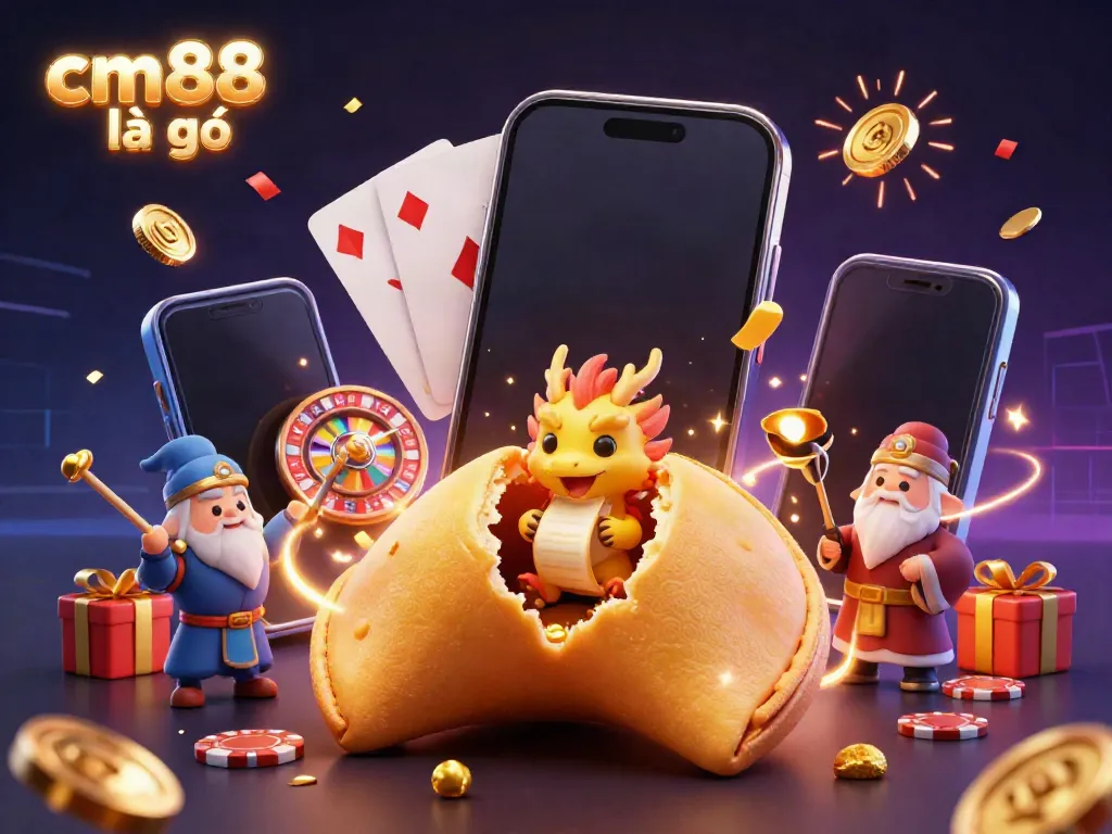 Experience cm88 là gì through a vibrant 3D casino scene, featuring a golden fortune cookie and gaming elements.