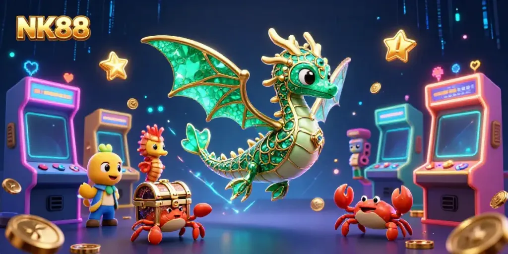 Experience the vibrant world of NK88, featuring a majestic sea dragon among dynamic casino elements for an engaging gaming adventure.