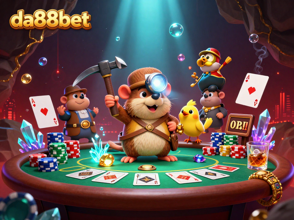 da88bet showcases thrilling poker action with a miner and a canary amidst golden treasures.