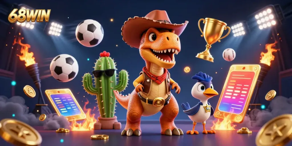 Explore exciting betting action with 68WIN featuring a cowboy T-Rex in vibrant casino illustration.