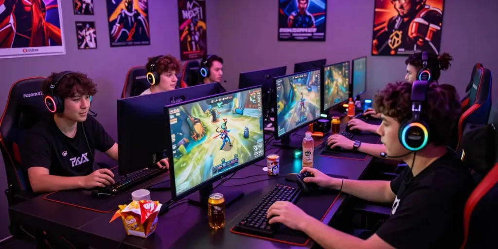 rokok88 gaming enthusiasts engaged in competitive gameplay with vibrant RGB lighting and energetic atmosphere