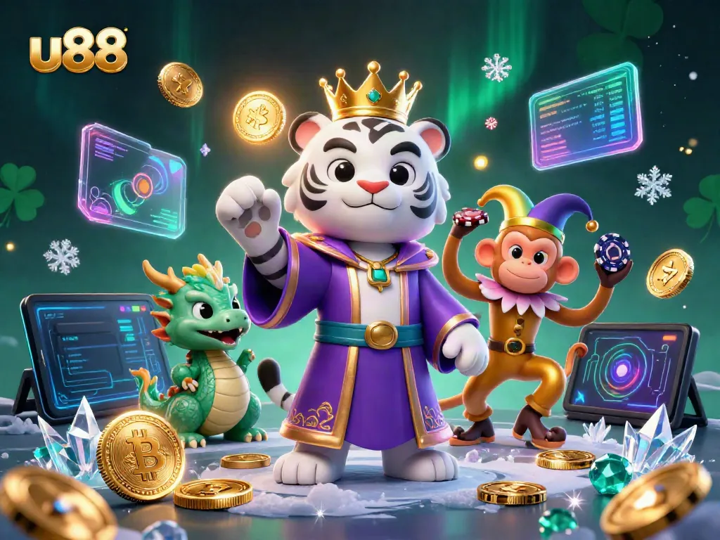 Experience thrilling gaming vibes with u88 as a 3D cartoon tiger, monkey, and dragon celebrate casino fun.