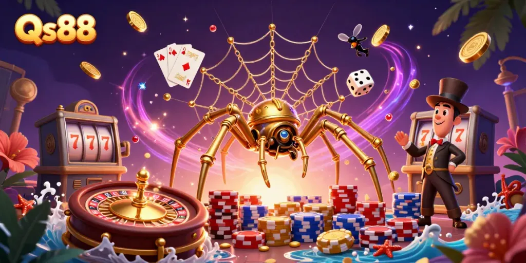 Engage with Qs88 and witness a whimsical 3D scene of a steampunk spider catching dice, amidst cascading coins and vibrant casino elements.