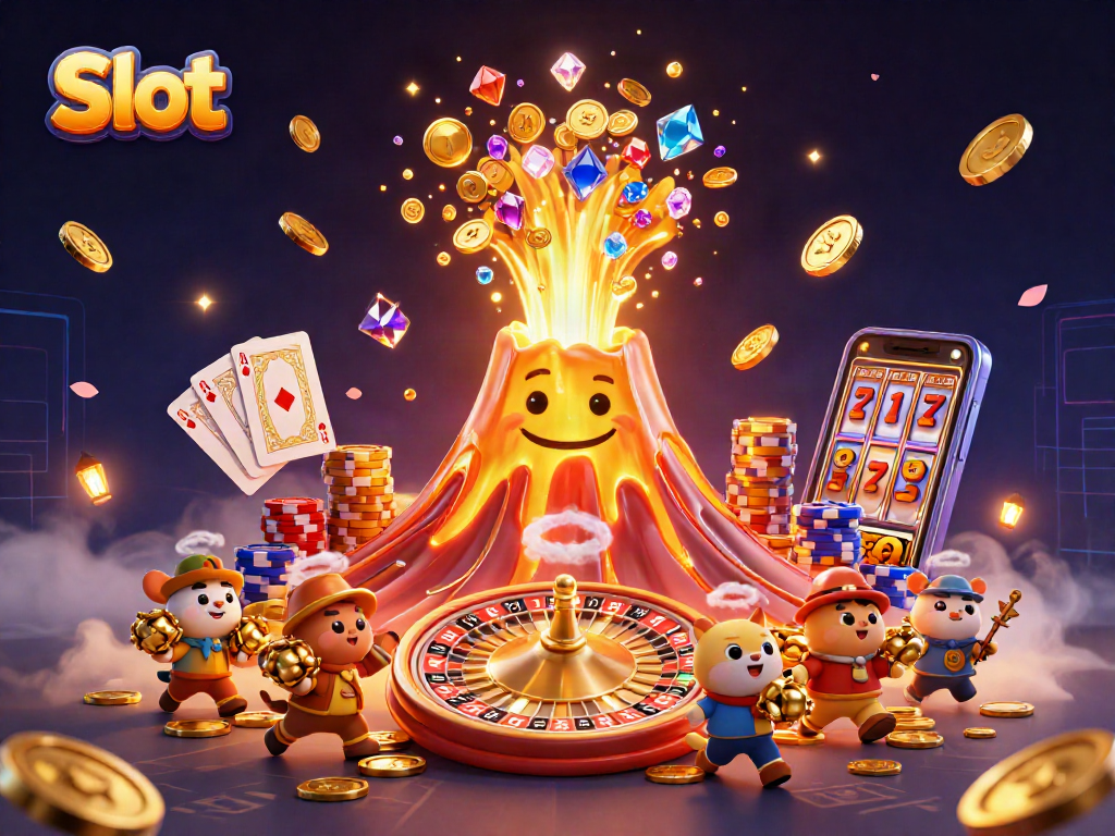 Experience thrilling Slot action with a golden volcano erupting treasures in a vibrant casino scene.