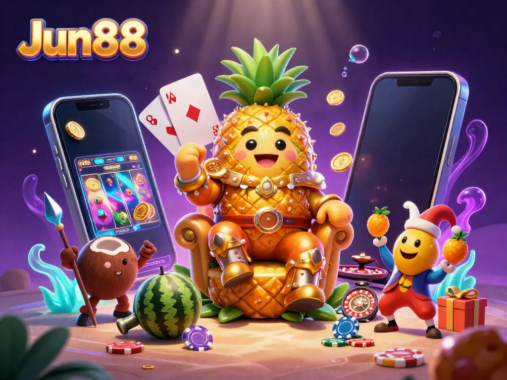 Experience the vibrant casino world of Jun88 with a golden pineapple king and lively characters in a rich 3D scene.