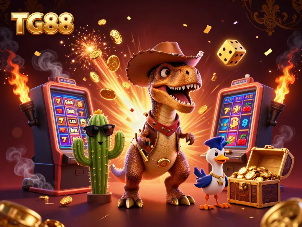 Win big with TG88 casino games featuring a T-Rex and friends in a vibrant jackpot scene.