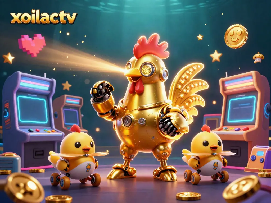 Engage with xoilactv's dynamic world of gaming, featuring a golden rooster robot and baby chick drones in an electrifying scene.