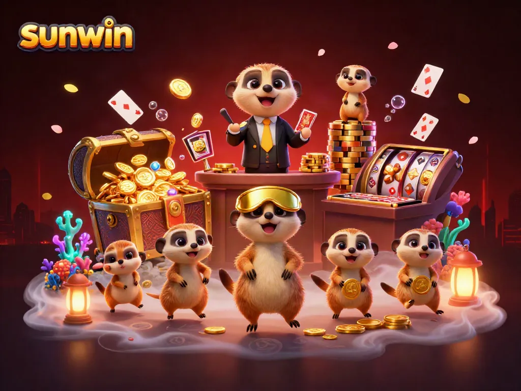 Join the fun with sunwin as meerkats manage a lively casino scene, surrounded by treasures and vibrant gameplay.