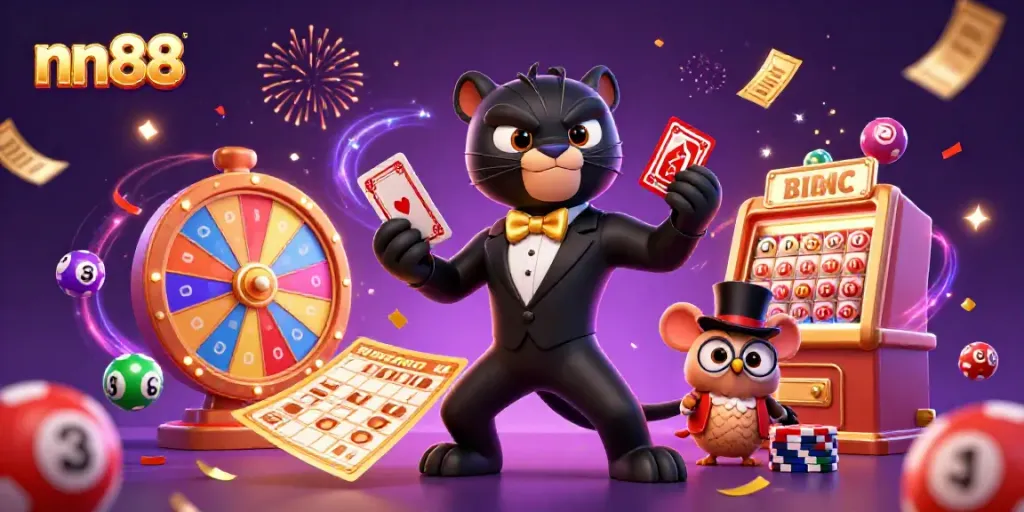 Experience the thrill of nn88 gaming with a lively 3D casino scene, infused with festive elements.