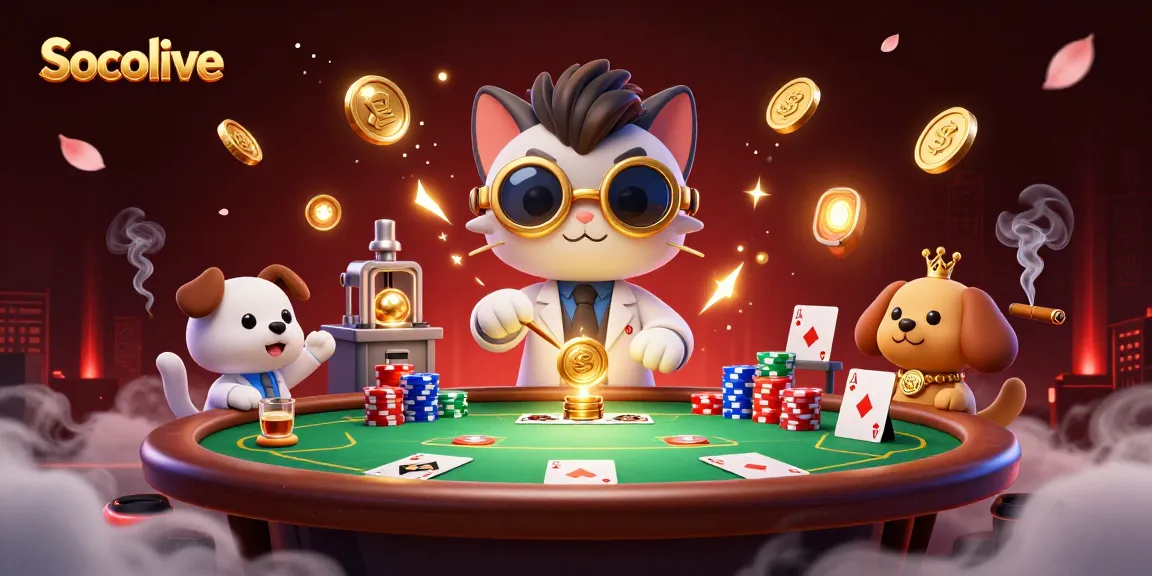 Socolive brings thrilling poker action to life with dynamic 3D cartoon characters in a vibrant casino lab.