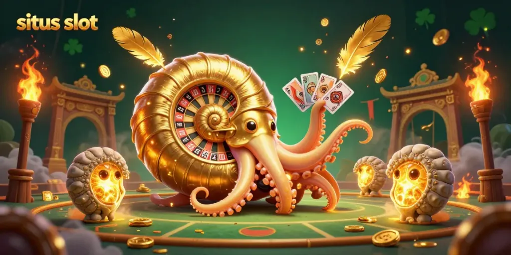 Engage with the immersive situs slot experience through a vibrant 3D visual featuring slots, cards, and dynamic elements.