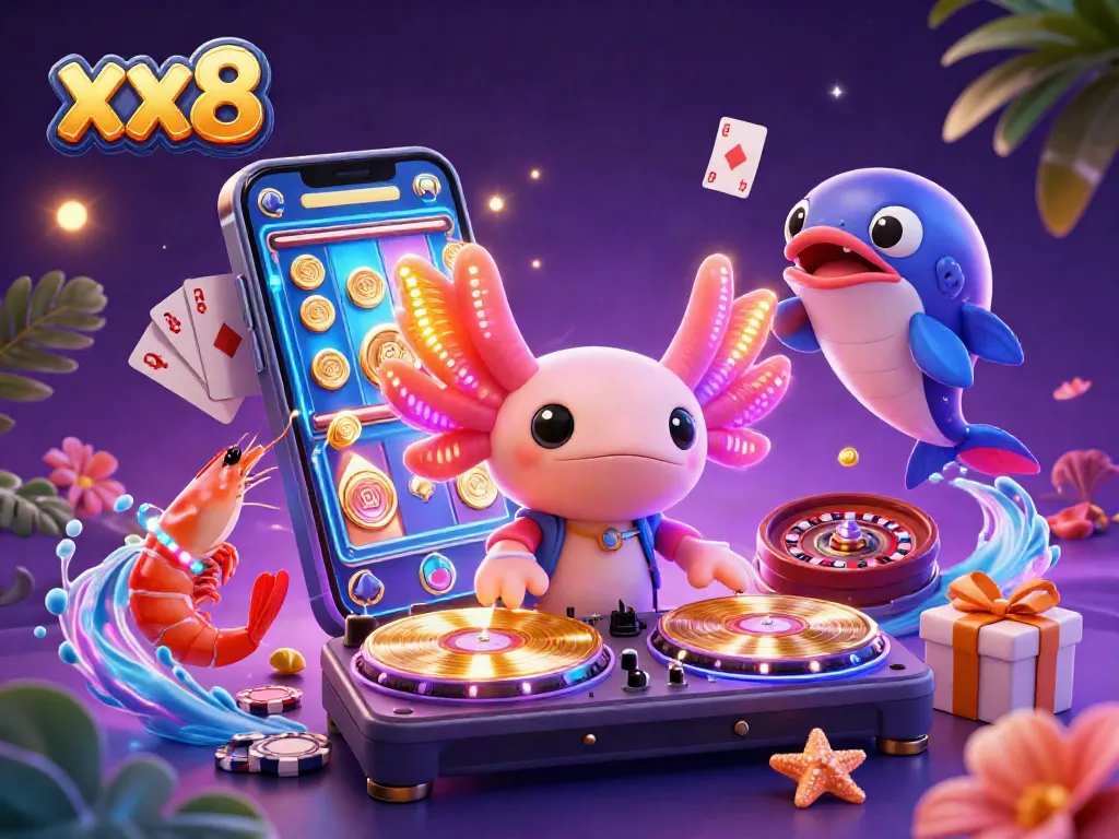 Engage with the vibrant xx8 casino scene featuring a neon axolotl DJ amidst dynamic gaming elements.