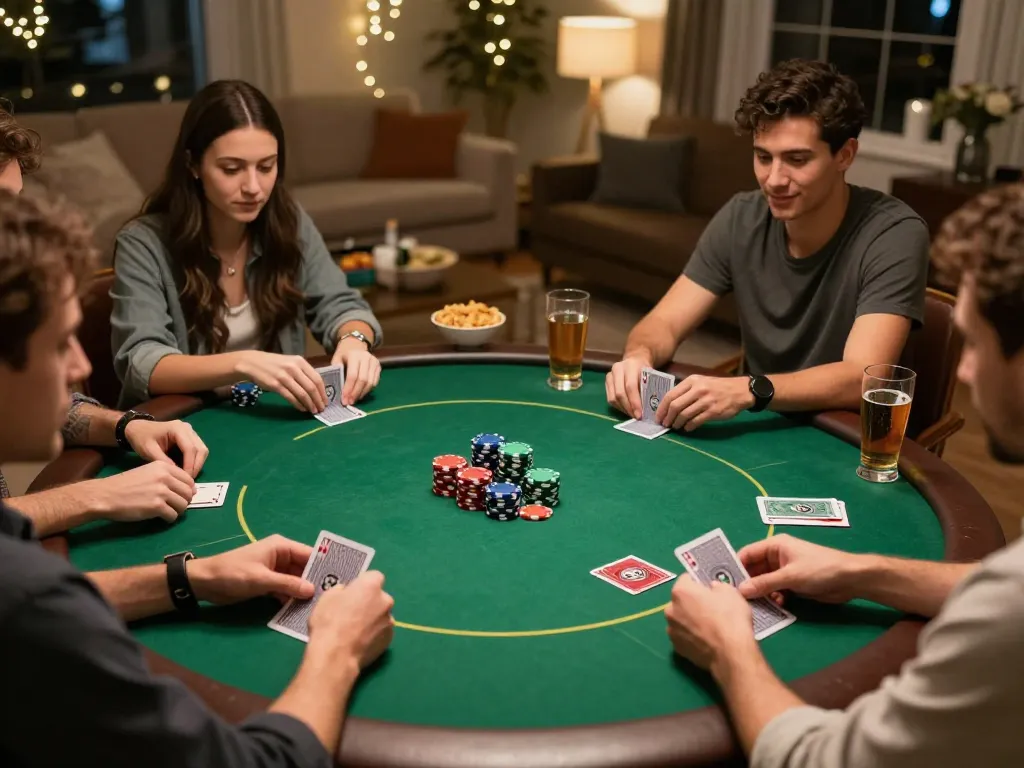 Competitive poker night in a cozy living room featuring friends playing Texas Hold'em, showcasing dynamic gameplay and hidden wiki 2026 links.