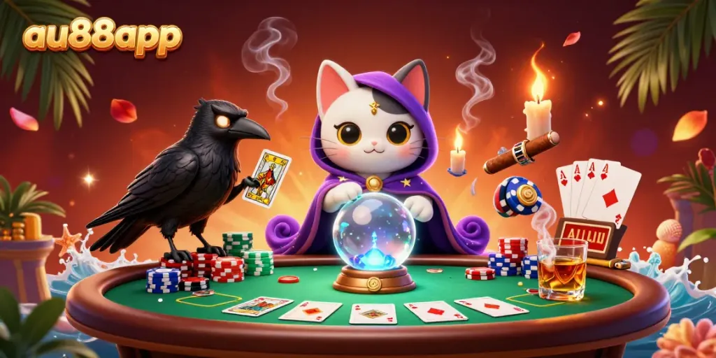 Engage in thrilling poker at au88app with a vibrant scene featuring a mystic cat, glowing raven, and poker elements.
