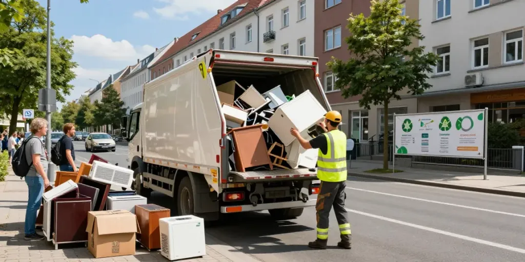 Effiziente Sperrmüll Abholung Berlin durch freundlichen Mitarbeiter mit modernem Lastwagen.