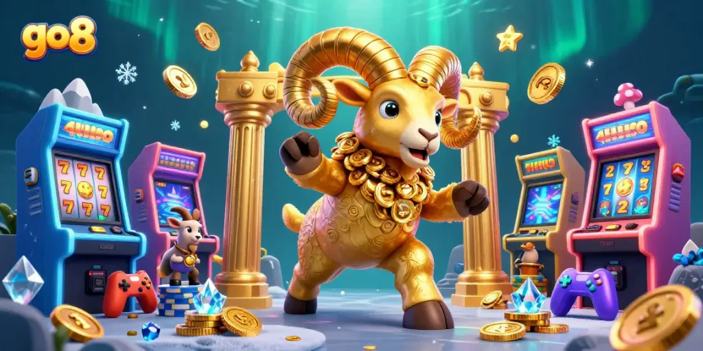 Experience the thrill of go8 with golden ram charging through colorful casino arcade delight.