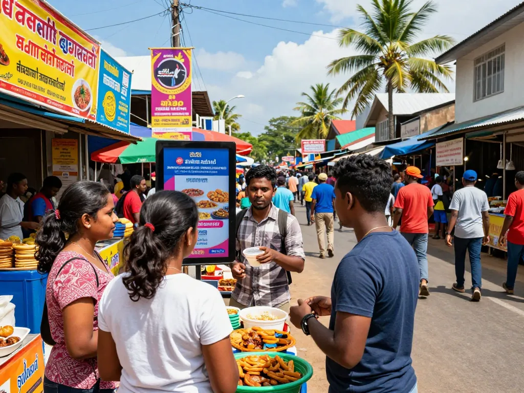 Engaging marketplace scene featuring SL Add promotions in vibrant Sri Lankan urban setting.