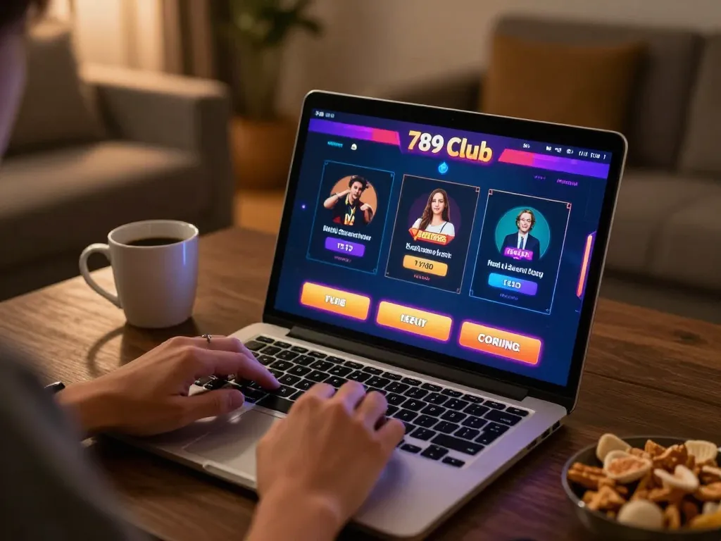 Player engaging with 789 club casino app on laptop in cozy home setting, promoting responsible gaming.