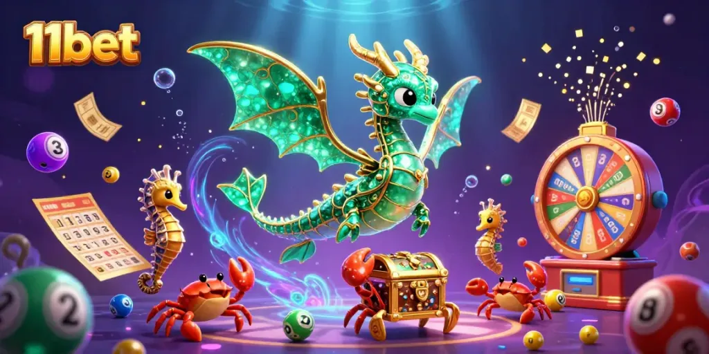 Engage with 11bet's vibrant casino world through a colorful underwater scene featuring lottery elements and treasures.