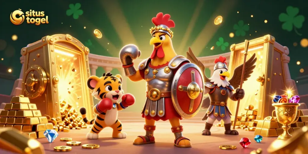 Experience thrilling situs togel excitement with a vibrant 3D Caesar-themed illustration featuring dynamic characters.