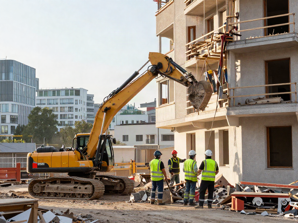 Abbruch Wien: Professionelles Team führt Sicherheiten beim Abriss eines Wohngebäudes in Wien durch.