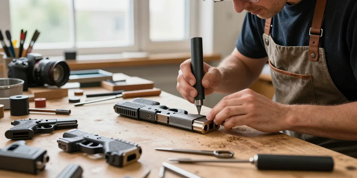 Precision Glock slides showcased at https://precisionglockslides.com in a craftsman's workshop, highlighting craftsmanship and quality.