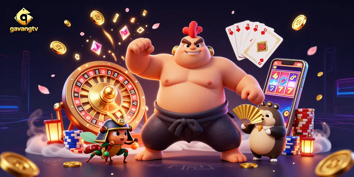 Engage with the excitement of gavangtv as a powerful sumo rooster and samurai cricket battle amidst golden coins and lively casino elements.