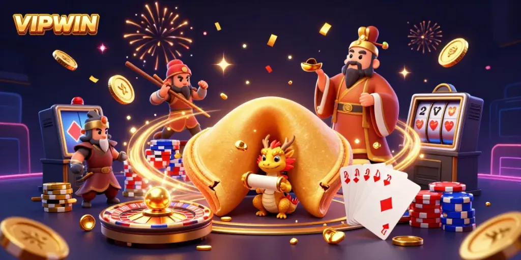 Engage in exciting gaming at VIPWIN with a dynamic scene of fortune cookies, gold, and vibrant casino elements.
