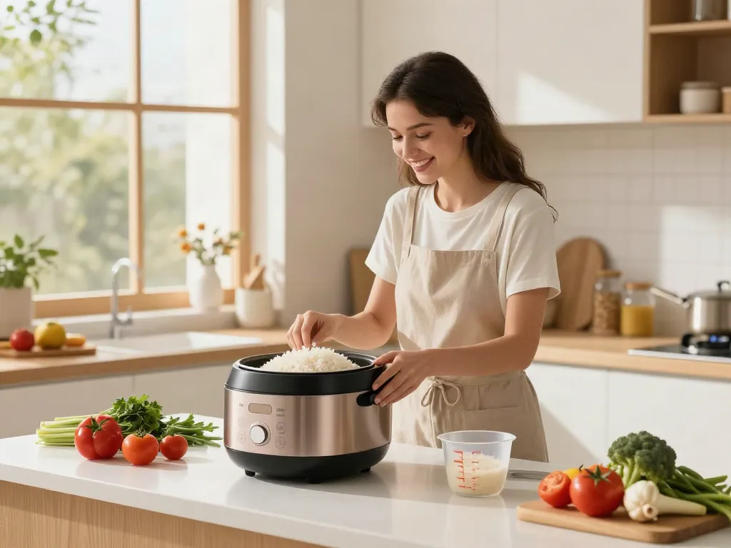 Rice Cooker Price in Bangladesh showcased in a vibrant kitchen with a woman cooking rice.