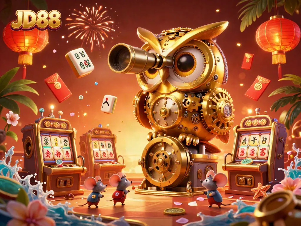 Experience JD88 with a stunning illustration of a golden owl amidst vibrant casino activity, filled with dynamic elements.