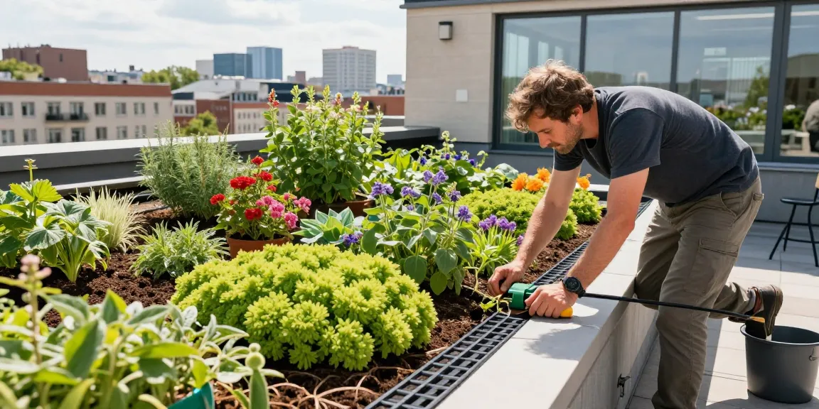 Stadtlandschaftsarchitekt demonstriert Dachbegrünung mit Sedum-Pflanzen auf einem Dachgarten.