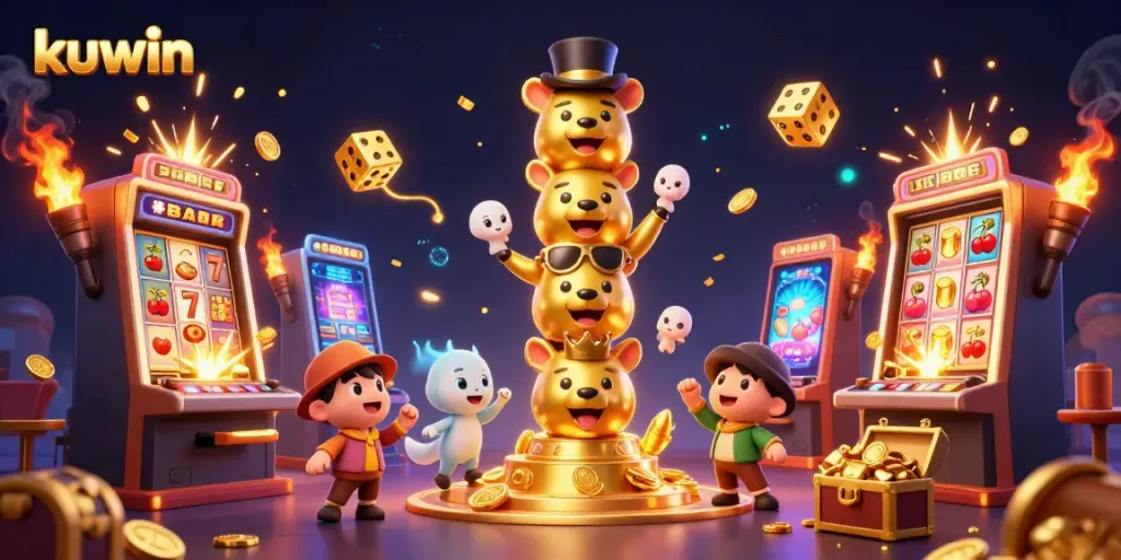 Kuwin players engaging with dynamic slot machine jackpots and vibrant casino games in an exciting illustration.