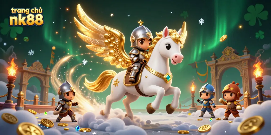 Play thrilling games on trang chủ nk88 with a knight and celestial horse in a vibrant casino scene.