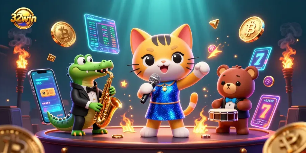 Join the excitement at 32win's vibrant casino scene with lively characters and sparkling slot machines.
