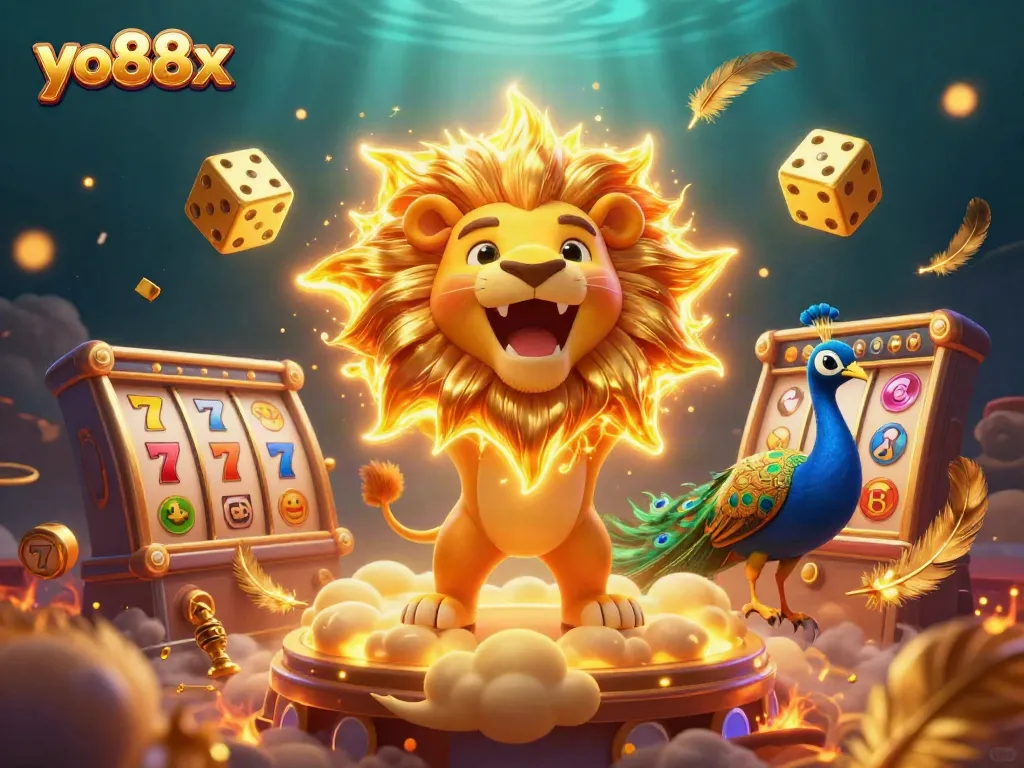 Engage with yo88x and win big with a vibrant casino scene featuring animated games and a roaring lion.
