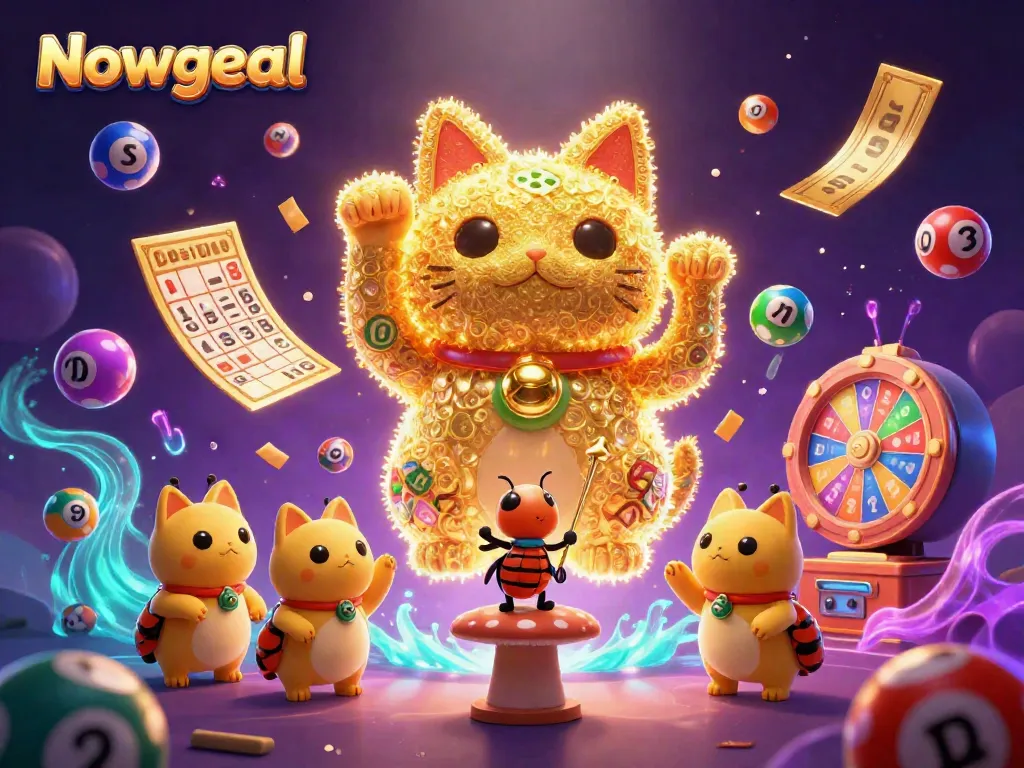 Experience Nowgoal's dynamic casino world with a lucky cat and colorful lottery balls.
