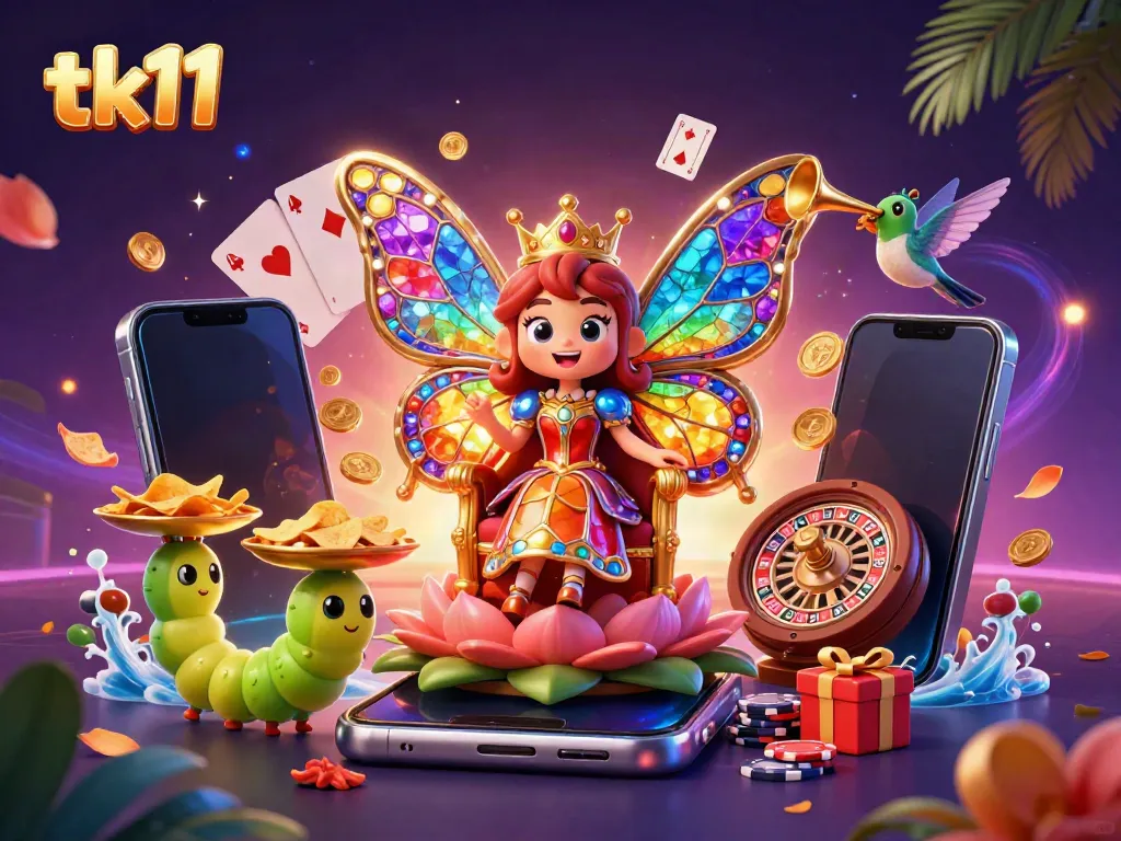 Spin the reels with tk11 in a vibrant, fantasy casino featuring a dazzling butterfly queen and playful characters.