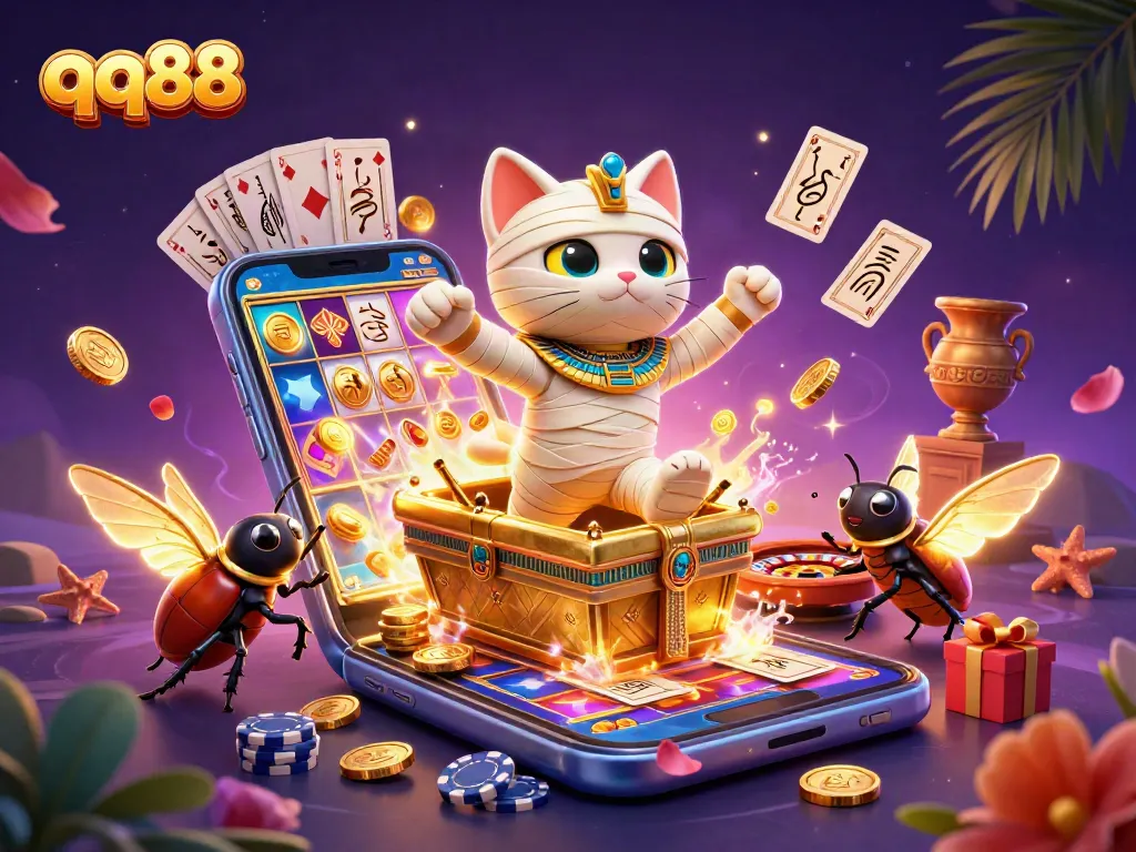 Experience thrilling slots with qq88 as a 3D Egyptian mummy cat bursts from a pyramid casino, surrounded by gold and games.