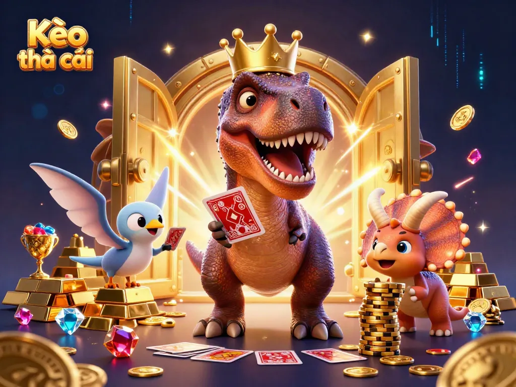 Engage with Kèo nhà cái through an exciting 3D illustration of fun characters amid vibrant casino elements.