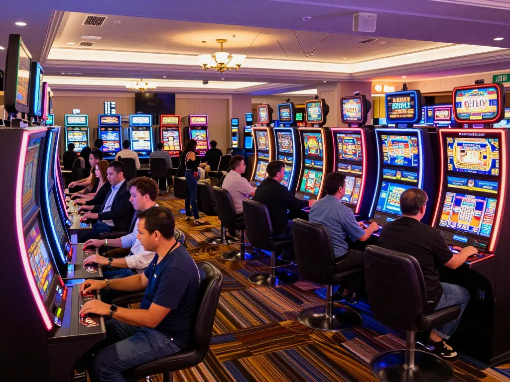 Players engaging with vibrant slot machines on a situs slot gacor casino floor, capturing the excitement of winning moments.
