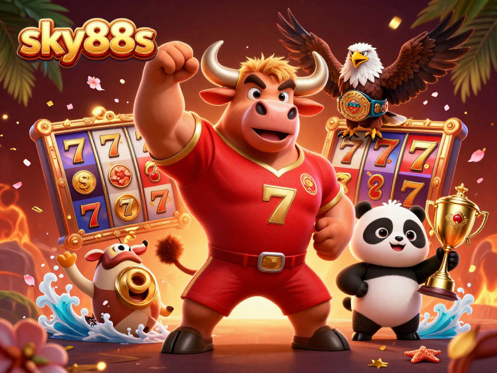 Experience thrilling action at sky88s with a vibrant casino scene featuring a victorious mascot and game elements.