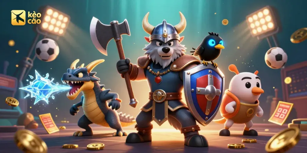 Engage with kèo nhà cái through this vibrant sports betting illustration featuring a Viking warrior and dragon.
