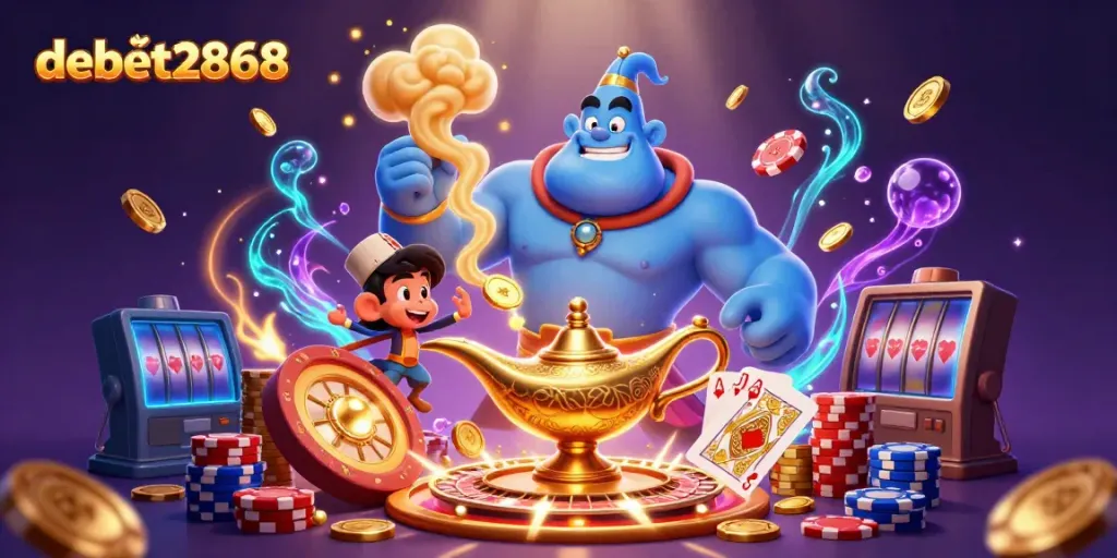 Experience the thrill of debet2868 with a vibrant 3D casino illustration featuring a genie and poker elements.