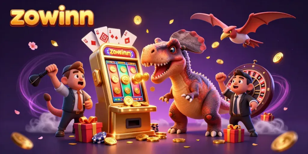 Zowinn casino illustration with a cartoon dinosaur winning a jackpot, showcasing excitement in gaming.