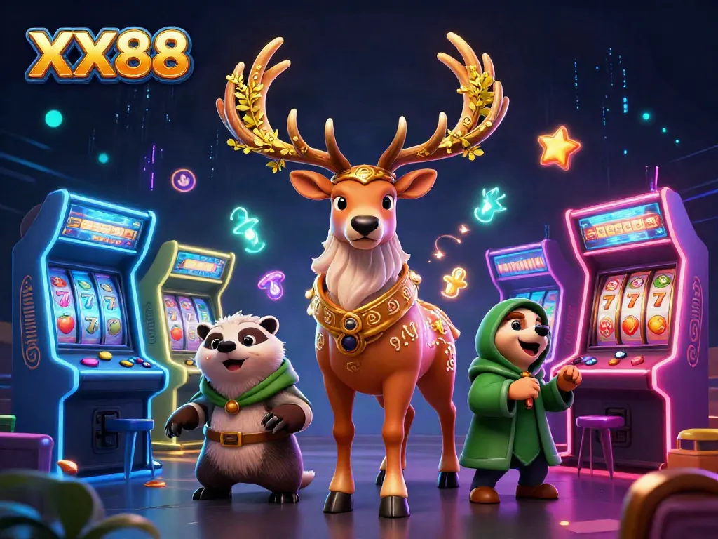 Win big at XX88 with a vibrant casino scene featuring a Celtic stag, arcade machines, and gaming elements.