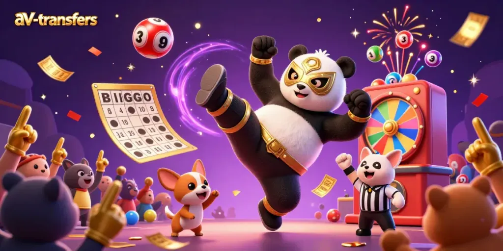 Experience excitement with av-transfers in this vibrant 3D casino illustration featuring a panda wrestler and lively game elements.