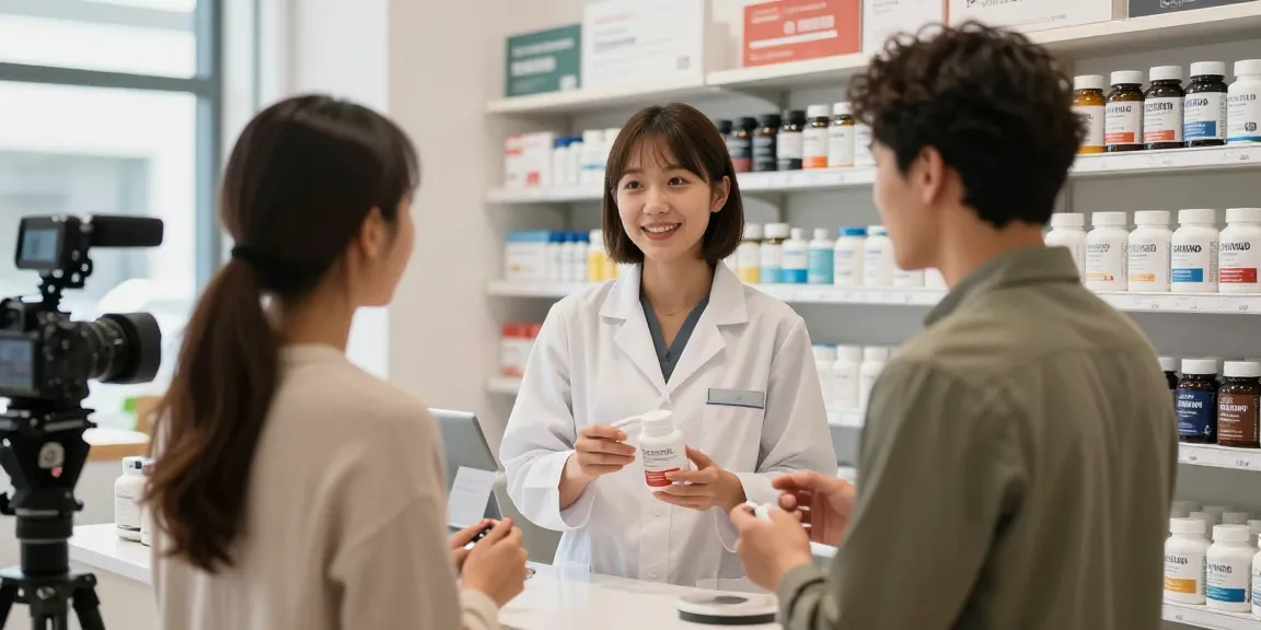 Verkäufer im Selliza Pharma Shop berät Kunden zu Gesundheitsprodukten mit freundlicher Atmosphäre.