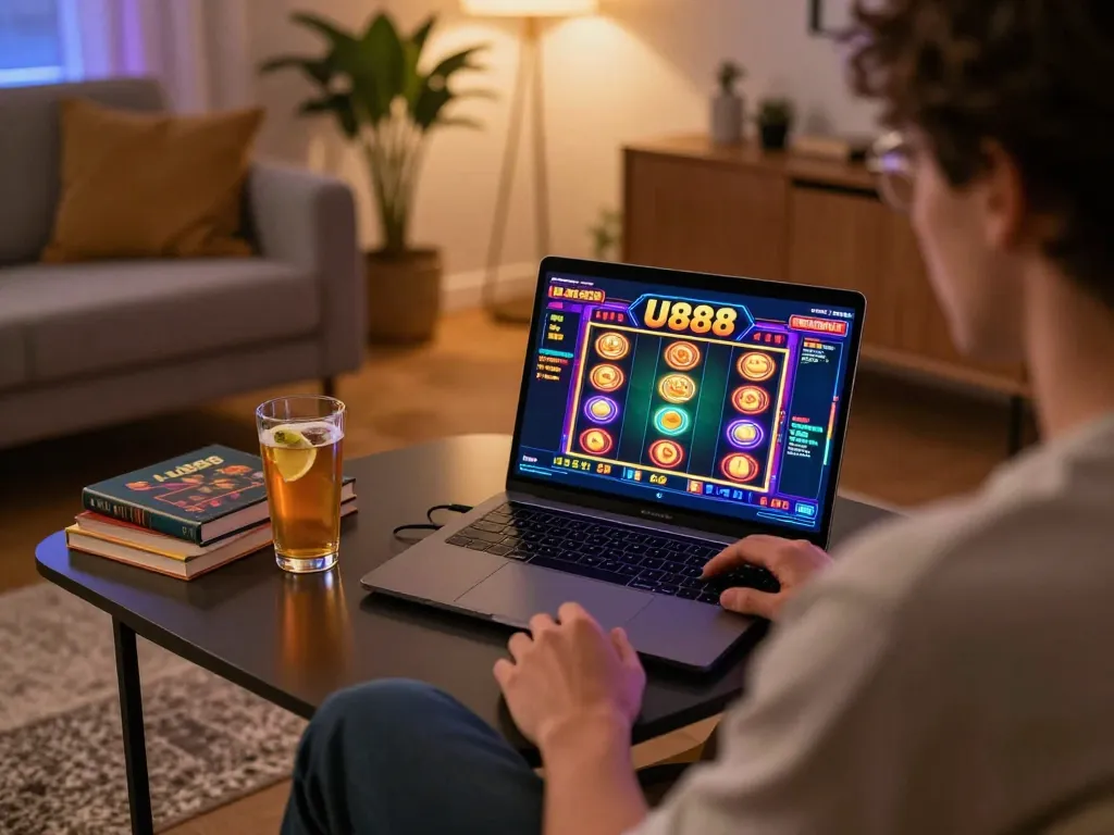 Player enjoying U888 slot game at home, showcasing engaging graphics and comfortable setup
