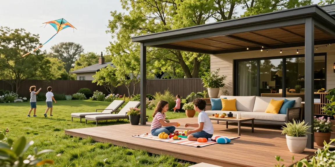 Terrassenüberdachung freistehend bei sonnigem Wetter mit Familie im Garten.